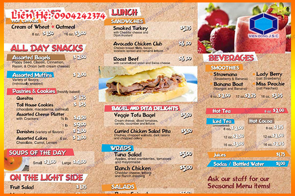 In menu nhà hàng | In lịch bàn Hà Nội  | In Vien dong